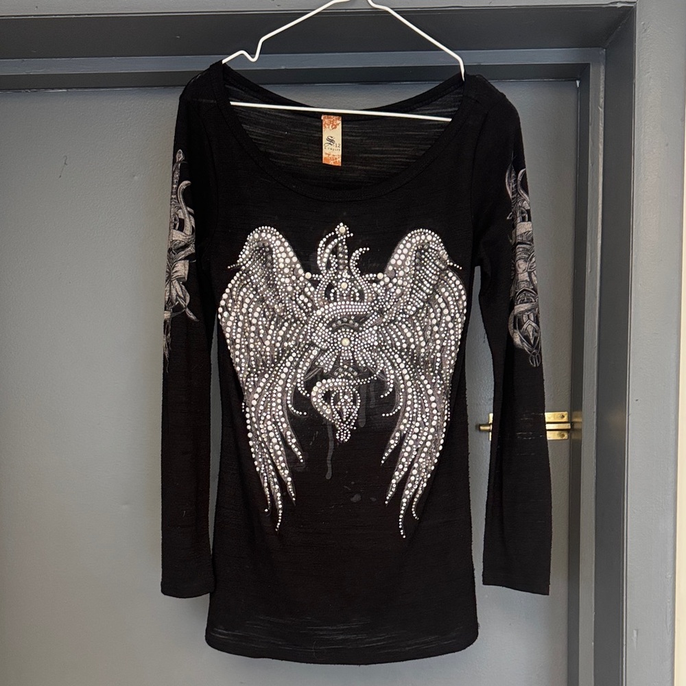 S-Twelve Black Long Sleeve Top with Silver Design